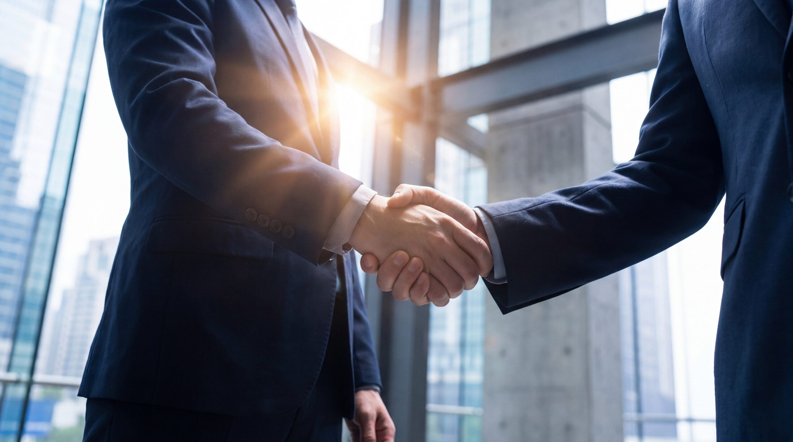 Professional business men shaking hands, symbolizing successful partnership, a new agreement, and trust.